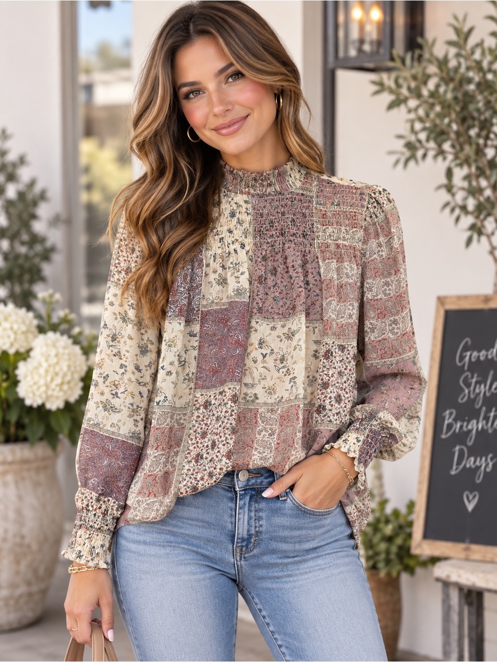Living Doll Patchwork Floral Paisley Mock Neck Smocked Blouse Top Size Small